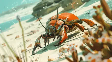 A vibrant bugcore-themed 4K Ultra HD wallpaper featuring a detailed orange beetle walking across a sandy landscape, surrounded by plants and a serene background.