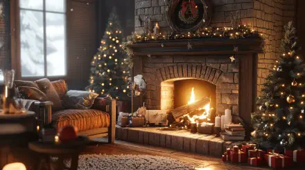 A cozy room featuring a warm fireplace, decorated Christmas tree, and festive decorations, creating a welcoming holiday ambiance in a 4K Ultra HD wallpaper.
