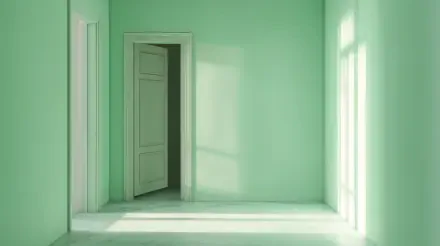 A serene interior room featuring mint green walls and a door, bathed in natural light. This 4K Ultra HD wallpaper showcases a tranquil, minimalist aesthetic.