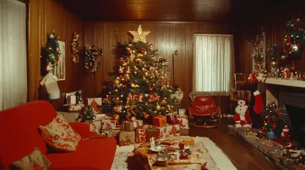 Cozy vintage Christmas living room with a decorated tree, wrapped gifts, wood-paneled walls, festive holiday decor, and warm lighting in 4K Ultra HD quality.