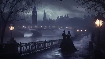 A couple dressed in Victorian attire stands by a misty river, with a view of a grand clock tower and a bridge illuminated by lanterns, creating a romantic, timeless atmosphere.