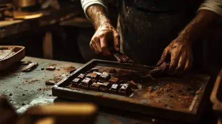 A close-up of hands crafting artisanal chocolate on a rustic wooden table, showcasing pieces of rich chocolate and a warm, inviting atmosphere. 4K Ultra HD wallpaper.