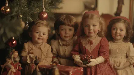 A nostalgic vintage Christmas scene featuring four joyful children beside a decorated tree, exuding warmth and festive spirit. Available as a 4K Ultra HD desktop wallpaper.