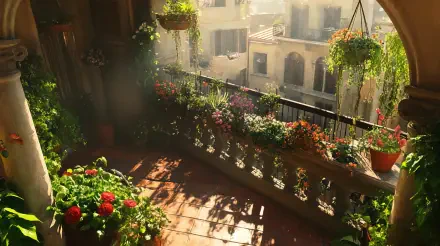 Sunlit balcony garden with vibrant flowers and lush plants, captured in 4K Ultra HD as a PC desktop wallpaper and background.