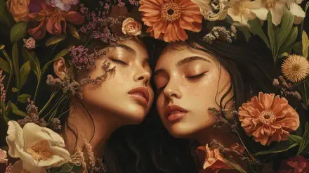 A serene 4K Ultra HD desktop wallpaper featuring two women with closed eyes, surrounded by vibrant flowers, symbolizing sisterhood and connection.
