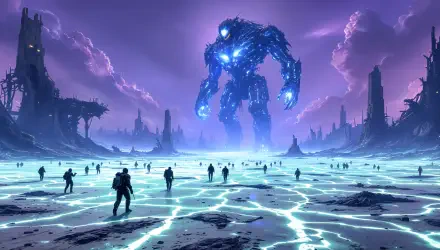 A stunning 4K Ultra HD wallpaper featuring a giant robotic figure looming over a desolate landscape, with small figures exploring the electrified ground under a purple sky.