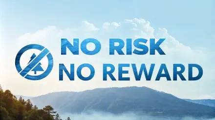 A scenic 4K Ultra HD wallpaper featuring the phrase No Risk No Reward, set against a backdrop of mountains and a clear sky, conveying a sense of adventure and determination.