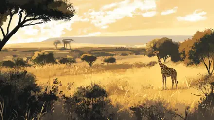 A serene safari scene featuring a giraffe standing gracefully in a golden landscape with distant trees and a calm horizon, perfect as an HD PC desktop wallpaper.