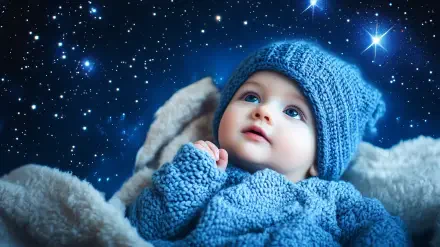 A cute baby in a cozy blue outfit gazes upward against a starry sky, creating a magical and enchanting atmosphere. This HD wallpaper adds charm to any desktop background.