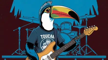 A vibrant toucan character dressed in a T-shirt and playing electric guitar, set against a backdrop of drums, creating an engaging 4K Ultra HD desktop wallpaper.