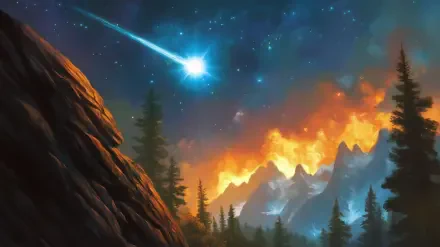 A stunning HD wallpaper featuring a shooting star illuminating a smoky mountain landscape, where fiery colors blend with a starry night sky and towering pine trees.