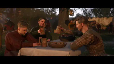 A HD wallpaper from Kingdom Come: Deliverance II, depicting three characters at a table celebrating with drinks, set against a lively outdoor scene.