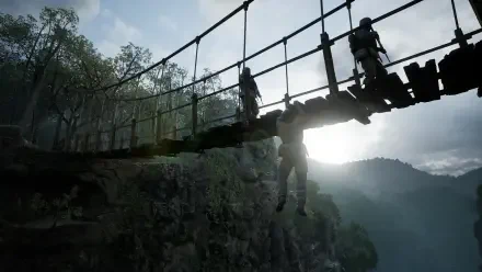 A dramatic scene from Metal Gear Solid Δ: Snake Eater, featuring a character hanging precariously from a rickety bridge with soldiers in the background and a misty landscape.