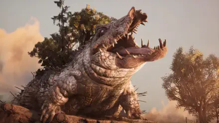 A massive, ancient crocodile with a tree growing on its back roars in a vibrant landscape, showcasing stunning detail as a visual from the video game South of Midnight in 4K Ultra HD.