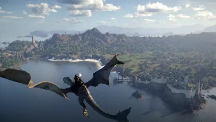 A breathtaking 4K Ultra HD wallpaper from the video game Crimson Desert, showcasing a dragon rider soaring over a scenic landscape with mountains and a vast body of water.