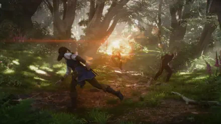 A vibrant scene from the video game Fable (2025), featuring characters in a lush forest setting, with dramatic lighting and action unfolding amidst the trees. HD PC desktop wallpaper.