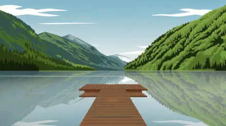 A serene mountain lake scene featuring a wooden dock extending into calm waters, surrounded by lush green hills under a clear sky. Captured in stunning 4K Ultra HD resolution.