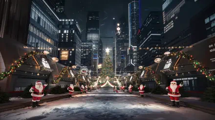 A festive urban scene showcases Santa Claus figures amid holiday decorations and twinkling lights, capturing the vibrant holiday spirit in a 4K Ultra HD backdrop.