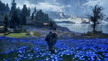 A scenic HD wallpaper from the video game Hell is Us, showcasing a character traversing through vibrant blue flowers with a serene lake and mountains in the background.