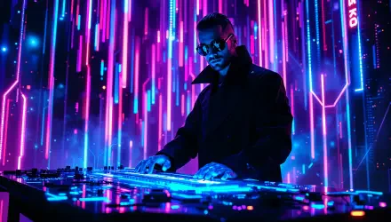 A cyberneticist in sunglasses interacts with a futuristic console, surrounded by vibrant, glowing vertical lines in purple and blue, creating an immersive digital atmosphere.