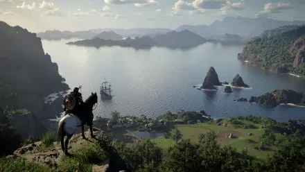 A breathtaking landscape from the video game Crimson Desert, showcasing a figure on horseback overlooking a serene bay with islands and distant mountains in stunning 4K Ultra HD.