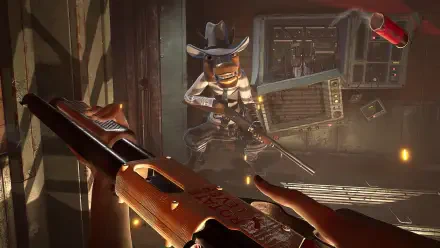 A dynamic HD wallpaper from the video game Judas (2025), featuring a character in a cowboy hat wielding a rifle in a gritty, atmospheric setting.