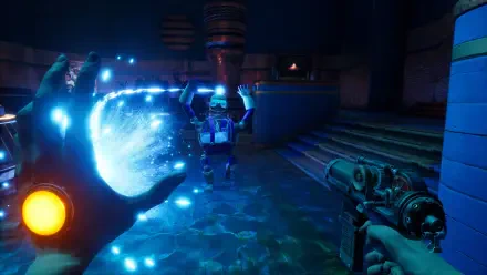 A dynamic scene from the video game Judas (2025), featuring a character wielding a glowing orb and a futuristic weapon, set against a vividly designed environment. 4K Ultra HD resolution.