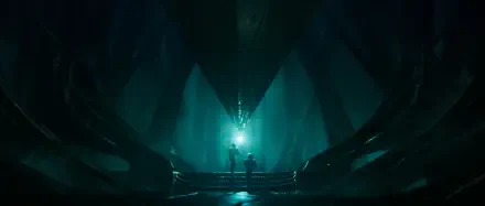 A captivating HD wallpaper from the video game Exodus (2024), depicting dark, atmospheric surroundings with figures illuminated by a mysterious blue light.