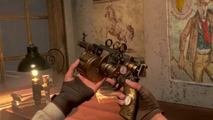 A detailed close-up of a character's hands holding a steampunk-inspired firearm, set against a rustic background, from the video game Clockwork Revolution. 4K Ultra HD wallpaper.