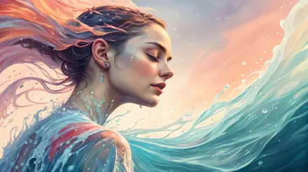 A serene portrait of a woman with flowing hair, surrounded by ocean waves, captured in vibrant colors. This beautiful 4K Ultra HD wallpaper evokes a sense of calm and wonder.