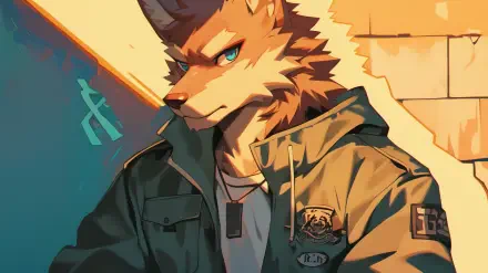 A detailed HD desktop wallpaper featuring an anthropomorphic wolf character in a jacket, set against a colorful background, showcasing a blend of anime style and furry art.