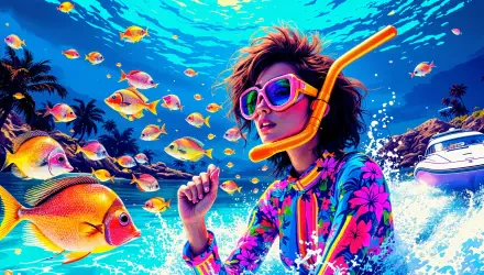 A vibrant snorkeling scene featuring a person in colorful gear immersed in clear water, surrounded by tropical fish and a boat, captured in stunning 4K Ultra HD for a captivating desktop wallpaper.