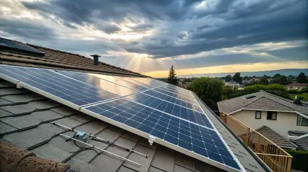 A 4K Ultra HD wallpaper featuring solar panels on a rooftop, illuminated by rays of sunlight breaking through a cloudy sky, showcasing sustainable energy in a serene setting.