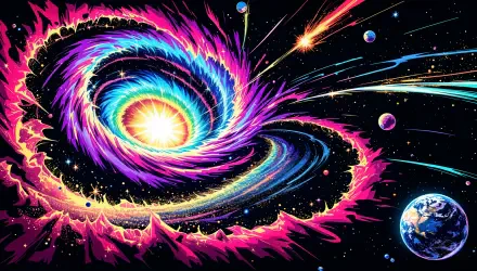 Vibrant 4K Ultra HD depiction of the Big Bang, showcasing swirling galaxies, cosmic energy, and planets in the vast universe of space.