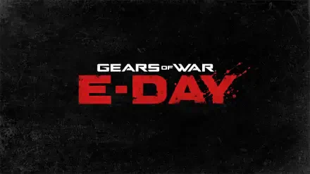 A bold logo for the video game Gears of War: E-Day displayed against a textured black background, designed as a high-definition PC desktop wallpaper.