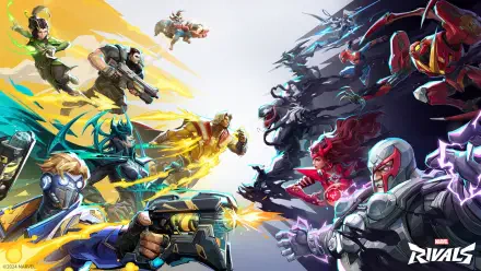 A vibrant 4K Ultra HD wallpaper showcasing intense characters from the video game Marvel Rivals, with heroes and villains clashing amid dynamic energy effects.