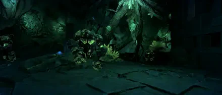 A dark, atmospheric HD wallpaper from the video game Pantheon: Rise of the Fallen, featuring shadowy creatures and vibrant green foliage in an eerie environment.