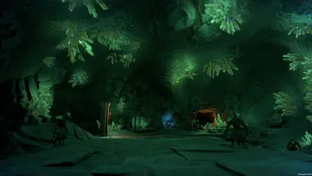 A dark, immersive cave scene from the video game Pantheon: Rise of the Fallen, featuring glowing crystals and a mysterious atmosphere, designed as an HD PC desktop wallpaper.