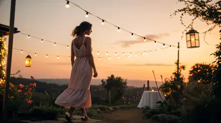 A woman in a flowing sundress strolls in a scenic outdoor setting, illuminated by soft string lights against a vibrant sunset, captured in stunning 4K Ultra HD.