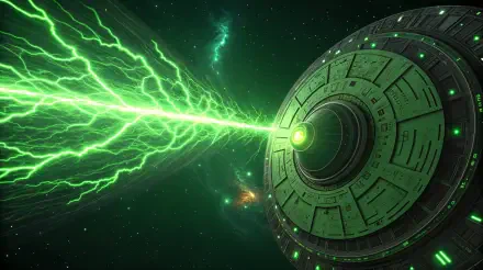 A striking 4K Ultra HD desktop wallpaper featuring a warp drive emitting a vivid green energy beam against a cosmic backdrop. Perfect for sci-fi enthusiasts and fans of space art.