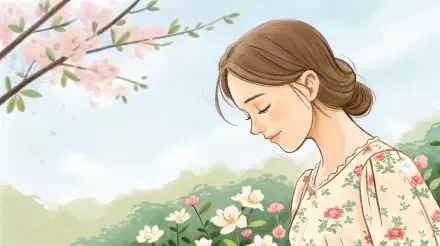A serene illustration of a young woman with closed eyes, surrounded by blooming flowers and soft pastel hues, serving as a 4K Ultra HD desktop wallpaper.