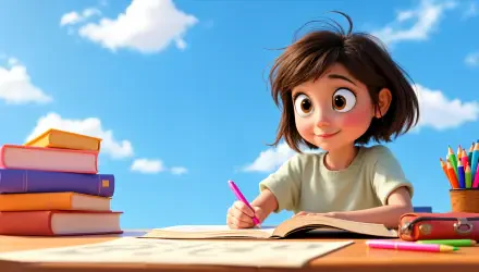 A cheerful child with short brown hair writes in an open book at a desk, surrounded by colorful pencils and stacks of books, under a bright blue sky. 4K Ultra HD wallpaper.