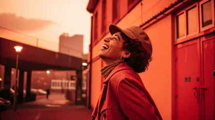 A joyful individual laughs under a warm sunset, surrounded by urban architecture, captured in vibrant colors, perfect as a 4K Ultra HD PC desktop wallpaper and background.