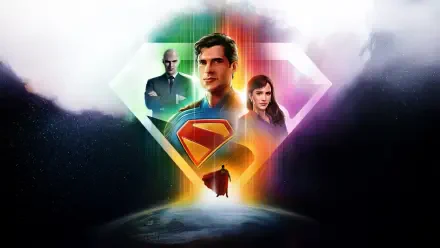 Superman (2025) 4K Ultra HD PC desktop wallpaper features Superman, a mysterious figure, and a woman against a vibrant, cosmic background with the iconic S-shield.