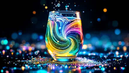 A vibrant glass of cider with swirling colors stands against a shimmering background, capturing the essence of refreshment in this 4K Ultra HD desktop wallpaper.