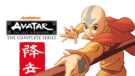 Avatar: The Last Airbender anime 4K Ultra HD PC desktop wallpaper — Aang in monk robes with arrow tattoo lunging forward with his staff, series logo and red kanji seal on white background.