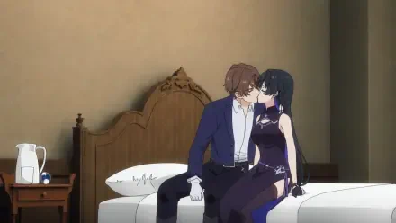 A romantic moment between two characters in Unnamed Memory, set against the backdrop of a cozy bedroom, captures the essence of this HD anime wallpaper.