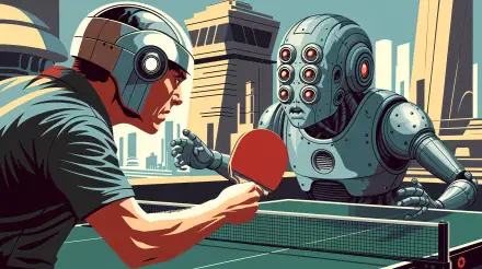 A futuristic table tennis match featuring a human player and a robot opponent, set against a vibrant city skyline. High-quality 4K Ultra HD wallpaper.