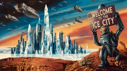 A vibrant ice sculpture landscape with towering icy spires and a robot holding a sign that reads Welcome to the Ice City, set against a dramatic sky and flying ships. 4K Ultra HD wallpaper.