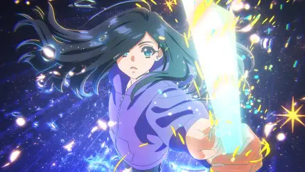 Anime-style 4K Ultra HD PC wallpaper featuring a dynamic character with flowing dark hair wielding a glowing sword, illustrated by Natsuko Hirose for Zenshu.